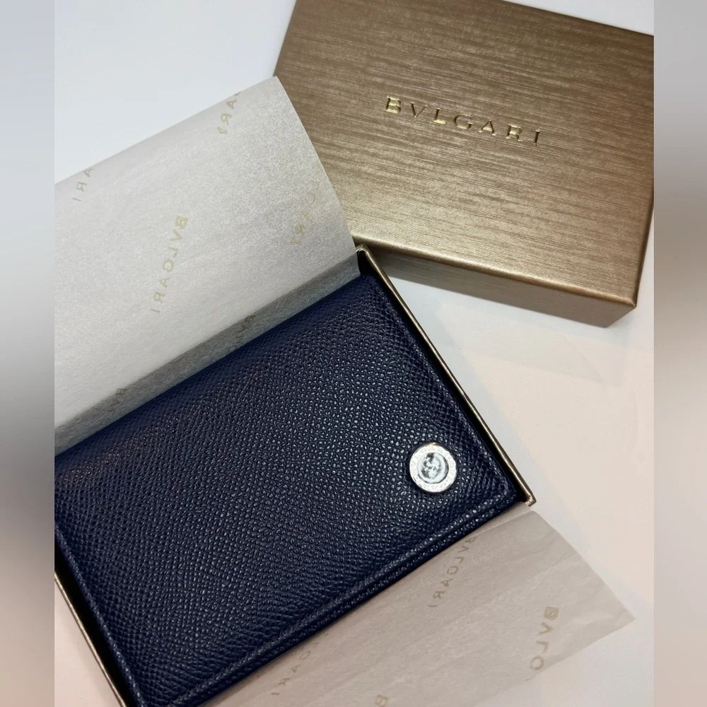 Bulgari BVLGARI Men's Denim Sapphire Grained Calf Leather Card Case Wallet NEW